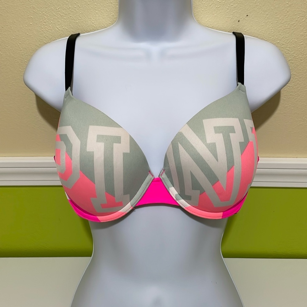 PINK Victoria’s Secret Push-Up Bra 36C Gray Pink Logo Colorblock
